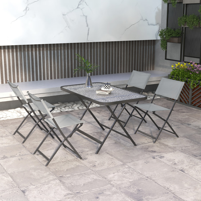 Conjunto Mesa y 4 Sillas de Jardín Plegable Juego de Comedor de 5 Piezas con Mesa de Vidrio Templado Estilo Moderno para Terraza Patio Gris