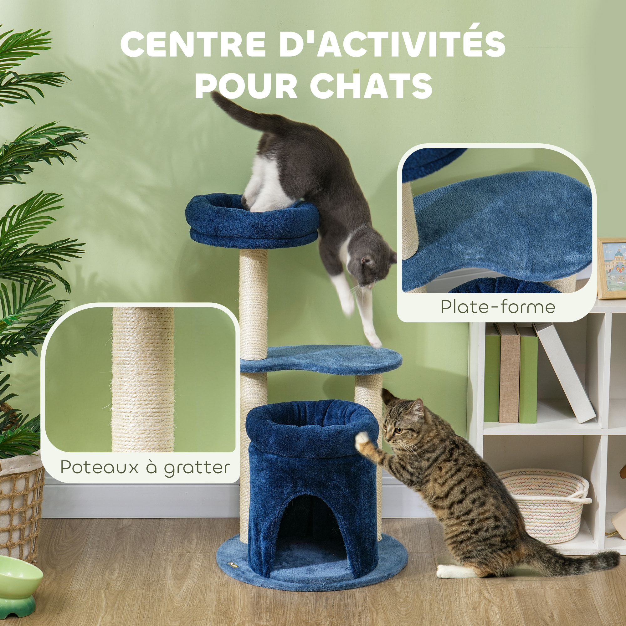 Arbre à chat design - niche, 2 plateformes, 2 coussins, griffoirs - peluche bleu roi