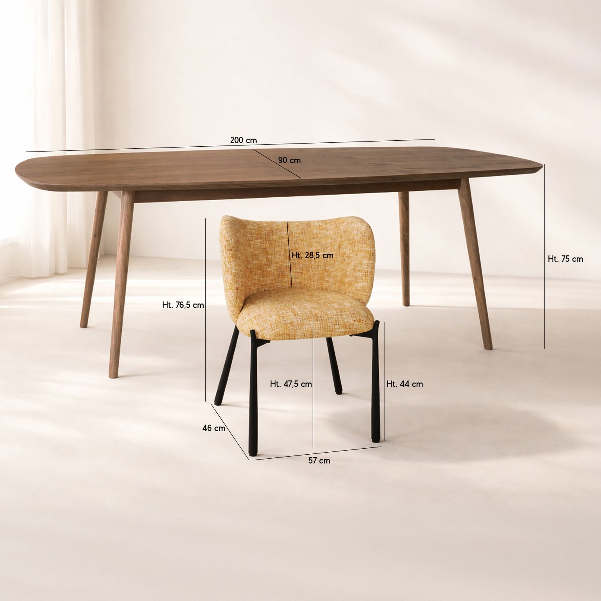 Ensemble table 200cm effet noyer et 6 fauteuils en tissu ocre SUZAN