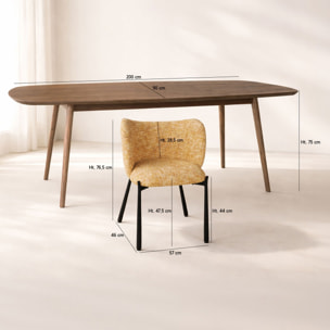 Ensemble table 200cm effet noyer et 6 fauteuils en tissu ocre SUZAN