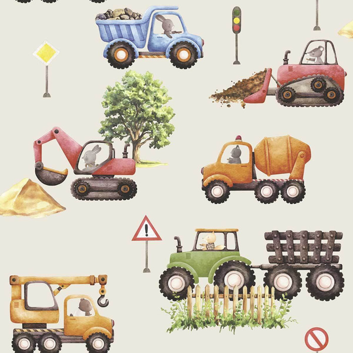 Papier peint engins de chantier animaux enfant