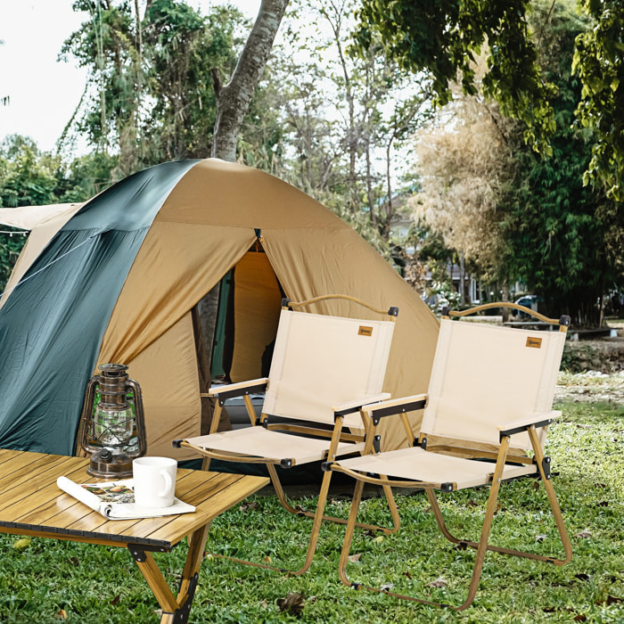 Lot de 2 chaises de plage camping pliantes - poignée - structure acier aspect bois oxford beige