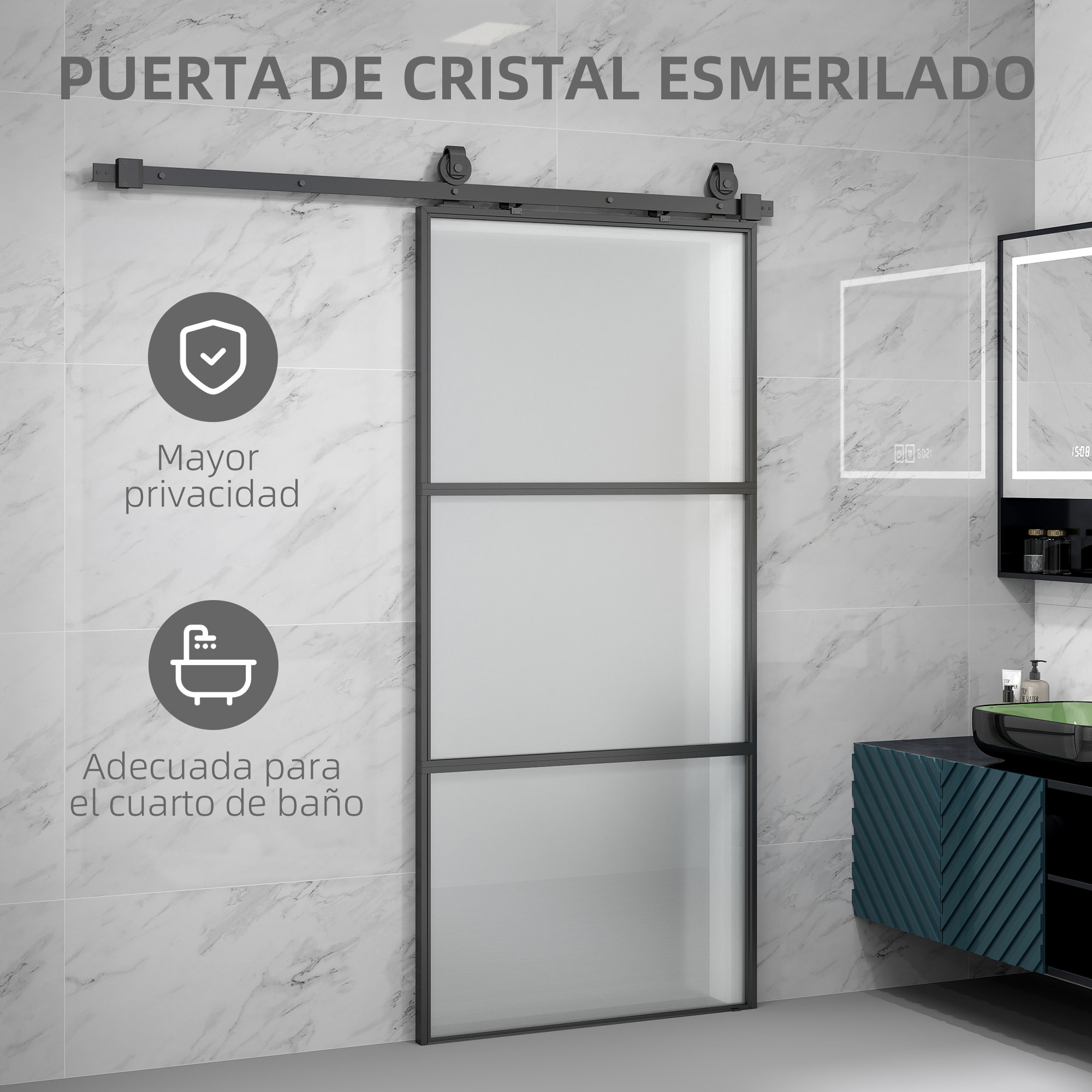 Puerta Corredera con Herrajes Puerta Corredera de Cristal con Mecanismo Cierre Suave para Baño Salón Sala de Estar Cocina 91,4x203,2 cm Negro
