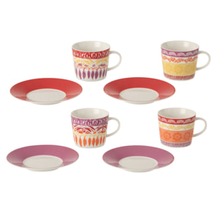 J-Line Tasse + Sous-tasse - céralique - violet/rouge - large - set de 4