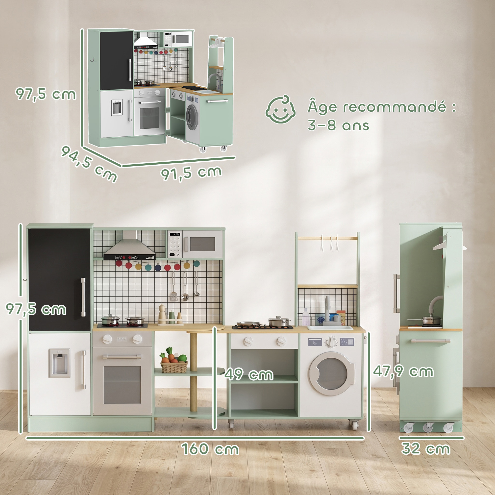 Cuisine enfant modulable tout équipée avec accessoires effets sonores lumineux blanc vert