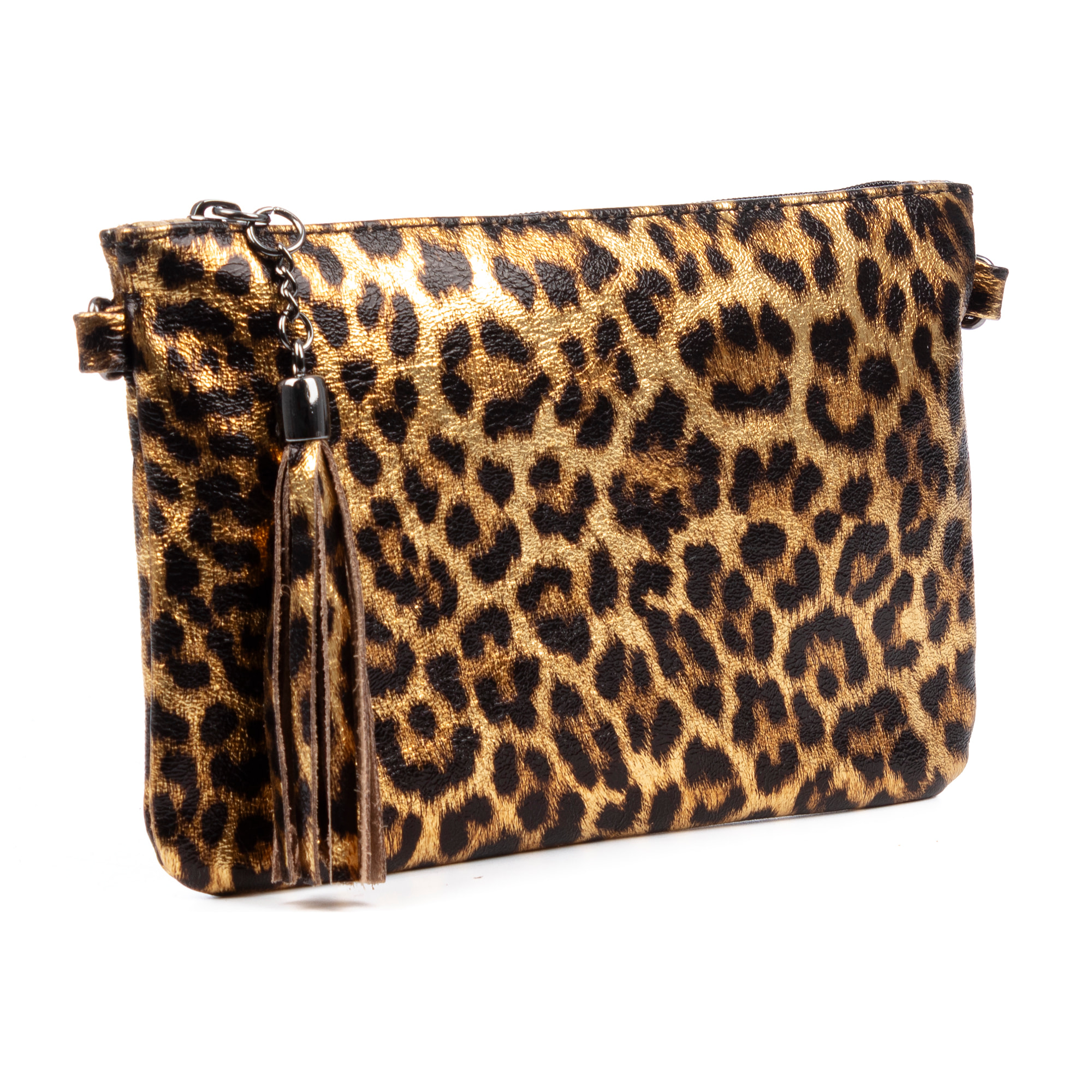 Oleggio bolso bandolera mujer. Piel auténtica Gamuza con estampado de animal print leopardo y lacada brillante.