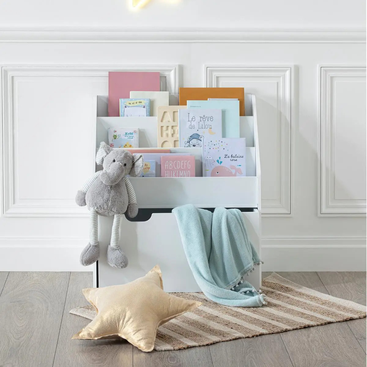 Bibliothèque enfant à roulettes blanc H70cm