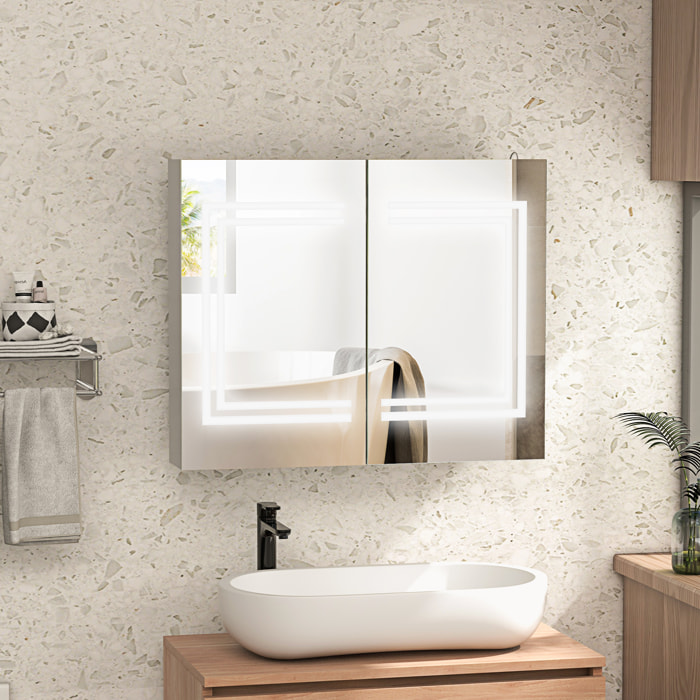 Armario de Baño con Espejo y Luz LED Mueble de Baño Colgante con 2 Puertas Estantes Ajustables Interruptor Táctil y Color de Luz Ajustable 80x15x65 cm Blanco Brillante