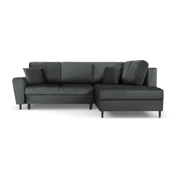 Canapé d'angle droit convertible avec coffre de rangement "Kyoto" 5 places en velours gris foncé