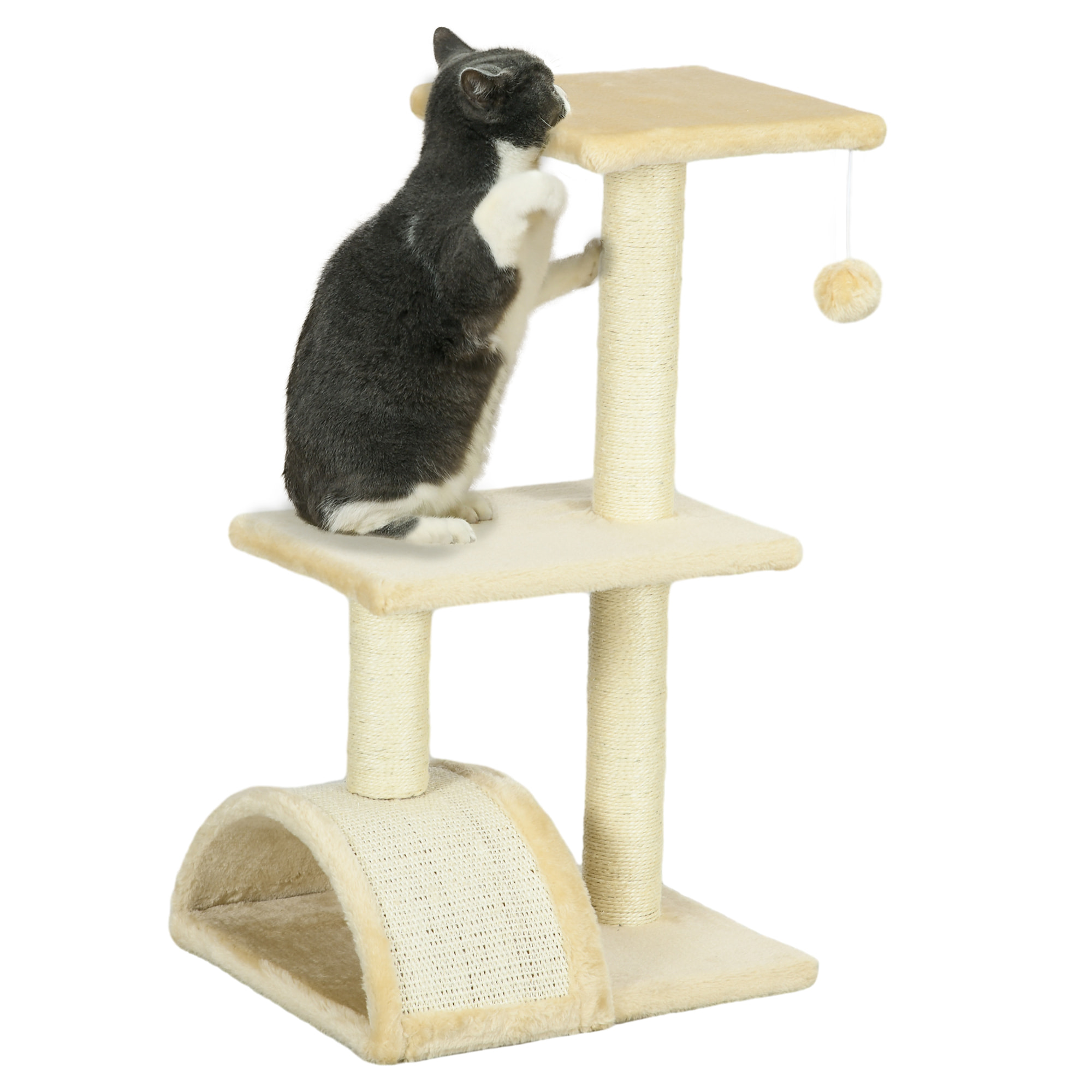 Árbol Rascador para Gatos Mediano Árbol para Gatos de 3 Niveles Torre para Gatos con Postes de Sisal Tablero para Rascar y Bola Colgante Crema