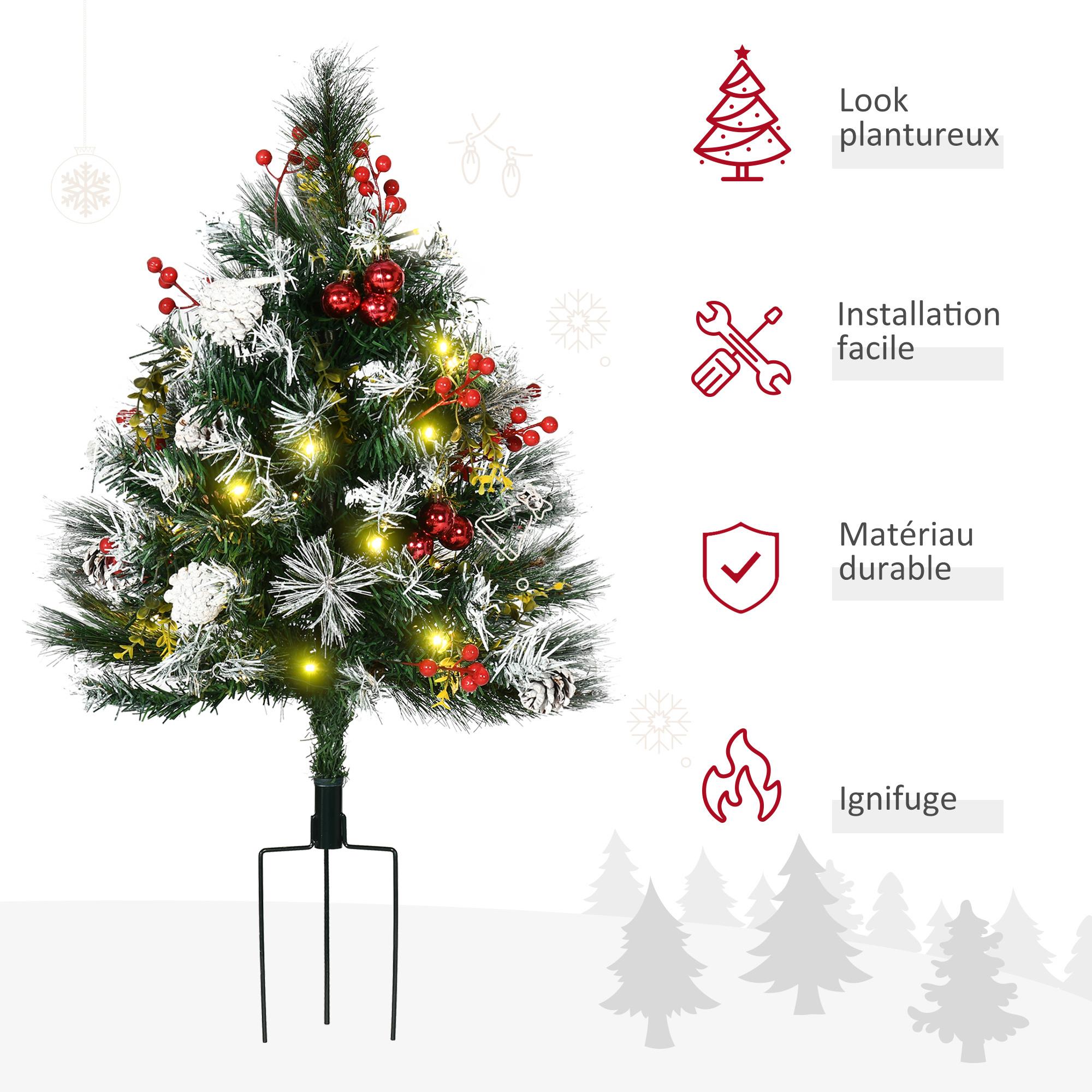 Sapins de Noël artificiel H. 75 cm aspect enneigé - lot de 2 sapins LED - 8 modes d'éclairage - 70 branches - décoration incluse - usage extérieur