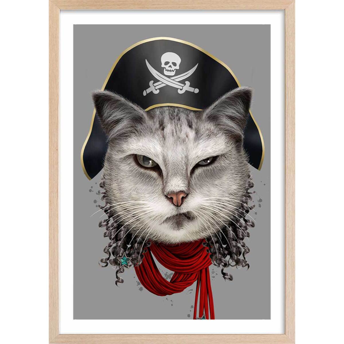 Affiche enfant chat pirate  Affiche + cadre en bois - Chêne
