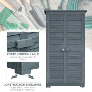 Armoire de jardin abri jardin remise pour outils sur pied 2 étagères portes persiennes toit bitumé étanche bois sapin pré-huilé gris