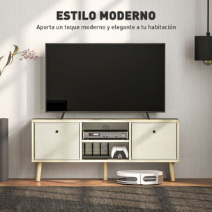 Mueble de TV, Mesa de TV con 2 Cajones de Tela, 2 Estantes Abiertos, Orificios para Cables, para Televisores hasta 50 Pulgadas, Largo de 110 cm, para Salón, Dormitorio, Madera y Beige