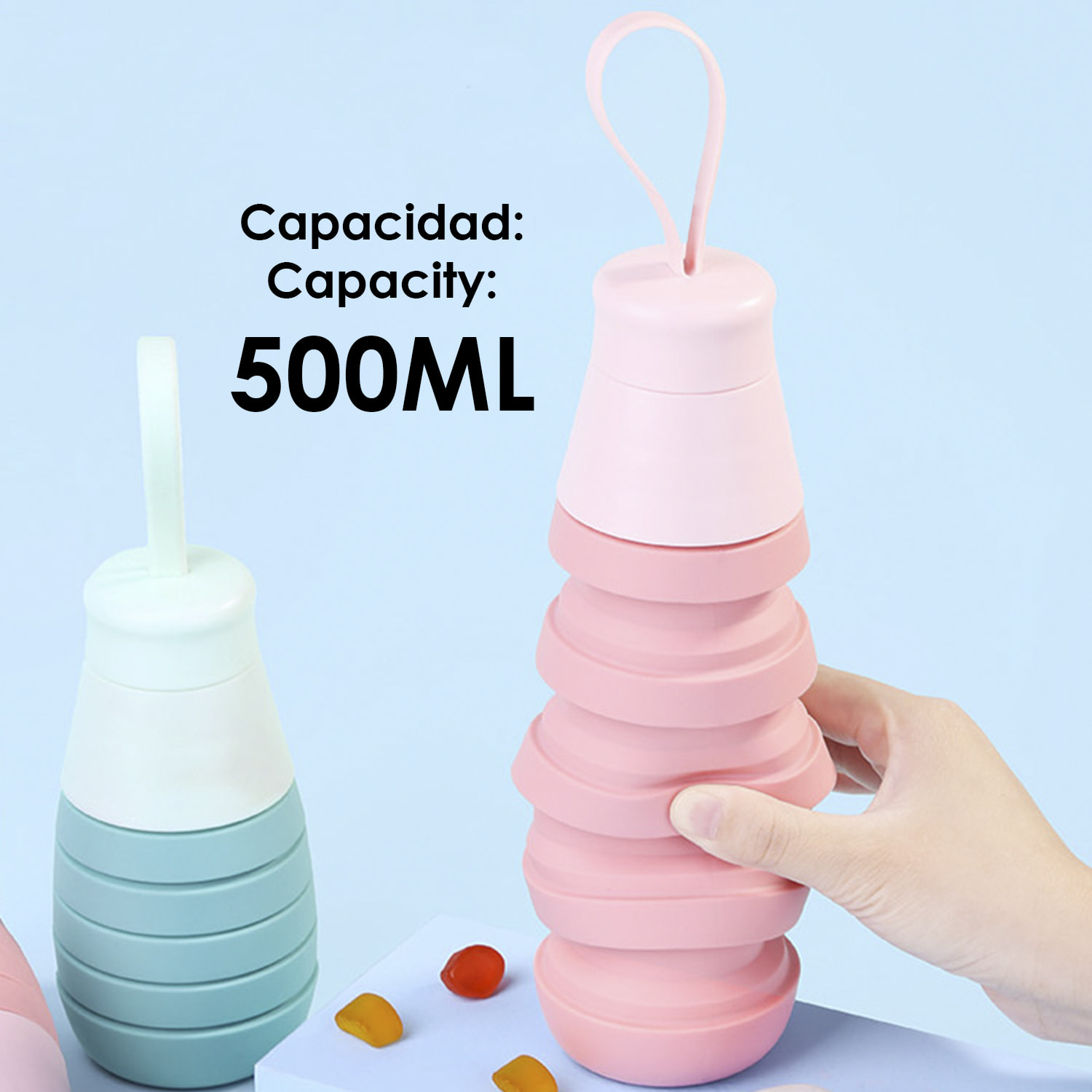 Bottiglia sportiva pieghevole in silicone. 250 a 500ml, senza BPA, tappo a vite in PP.