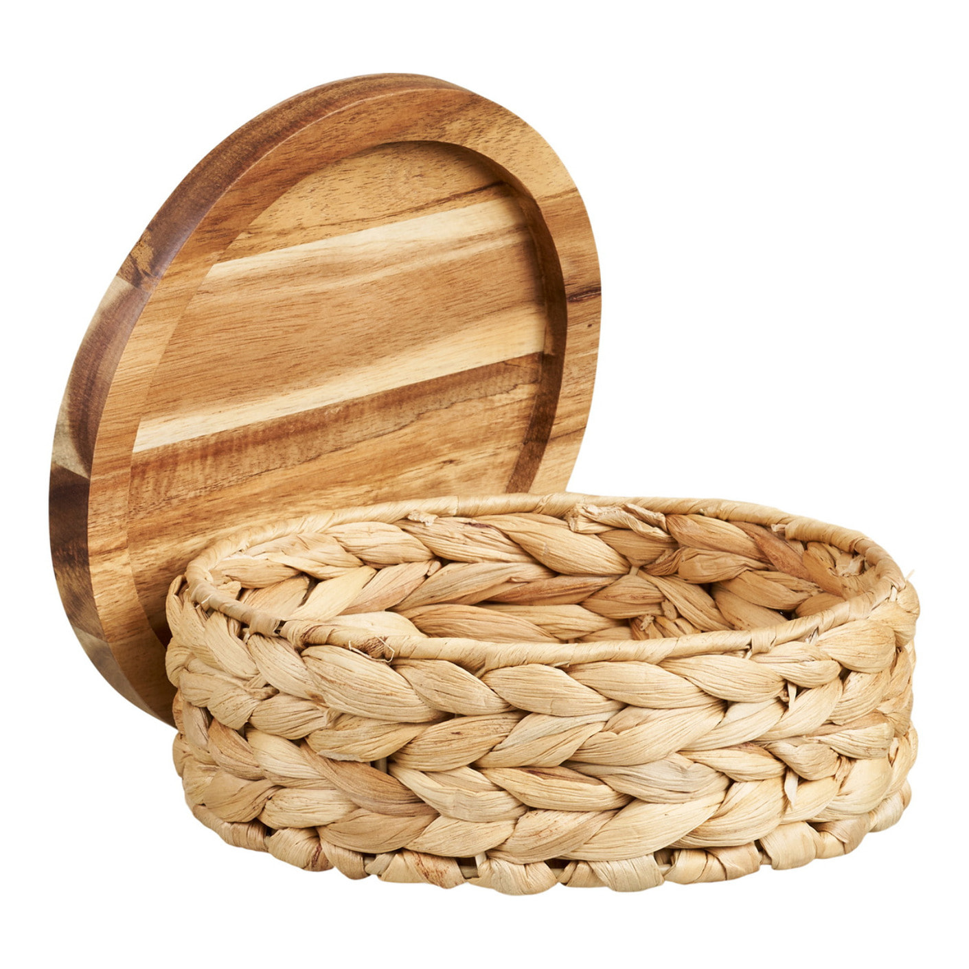 Set 3 ceste Botofte in giacinto d'acqua naturale con coperchio in legno — ø20, ø26 e ø30 cm