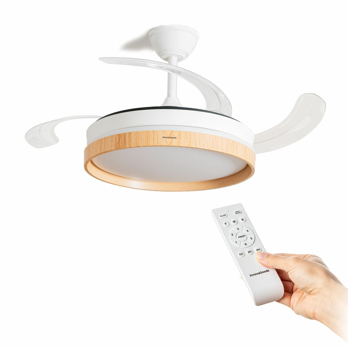 Ventilatore da Soffitto con Luce LED e 4 Pale Retrattili Woteez InnovaGoods Legno 72 W Ø49-104 cm
