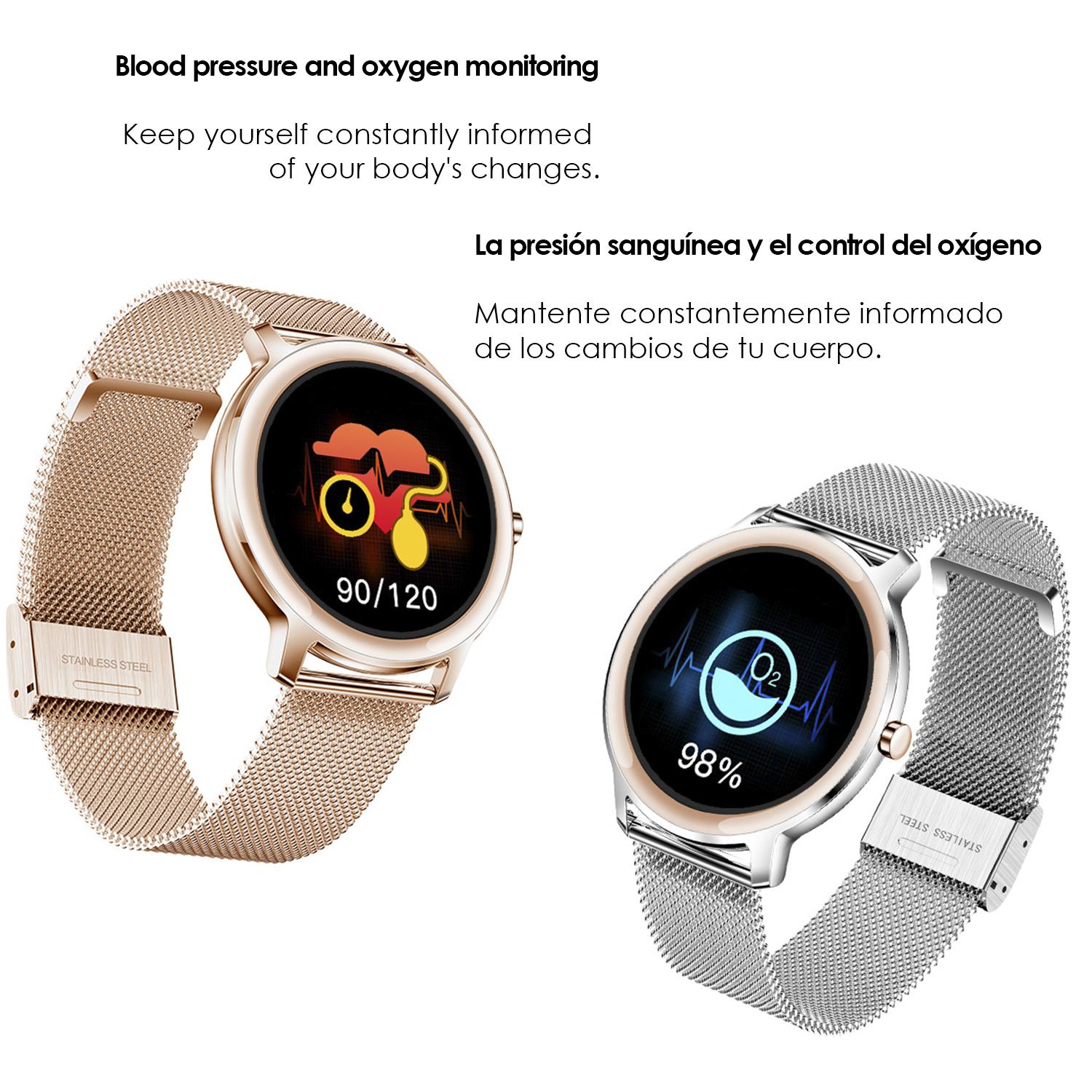 Smartwatch R18 con monitor cardiaco dinámico, tensión, oxígeno en sangre y notificaciones.