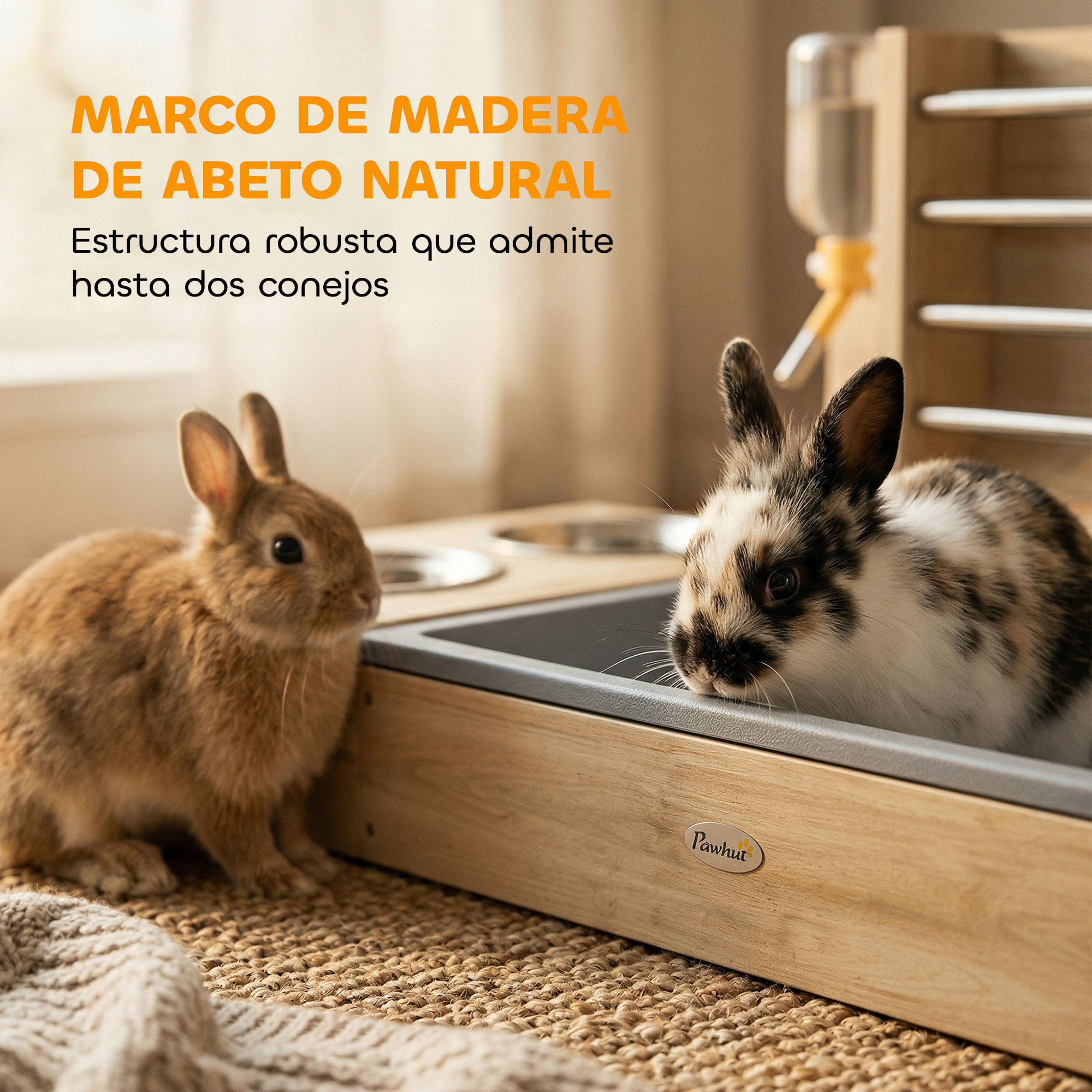 Comedero de Heno para Conejos con Bandeja, Alimentador de Heno de Madera con Cuenco de Acero Inoxidable y Botella de Agua, para Cobayas, Chinchillas, Gran Capacidad y Prevención de Residuos