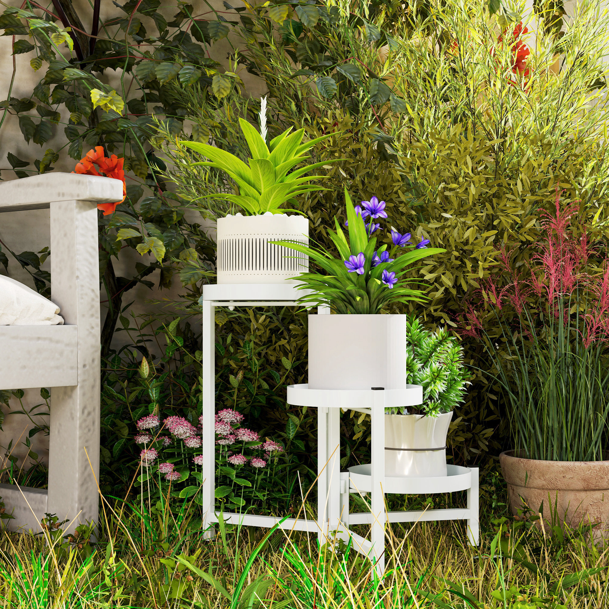 Estantería para Plantas Plegable de 3 Niveles Soporte para Plantas de Metal con 3 Estantes Redondos Soporte para Macetas para Interior y Exterior 40x40x42 cm Blanco