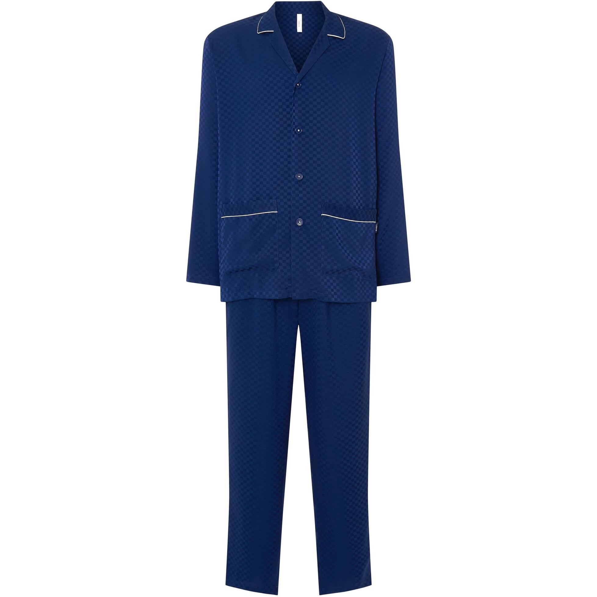 Pijama hombre tejido jaquard cuadritos, abierto con botones, con bolsillos de plastón, manga larga y pantalón largo