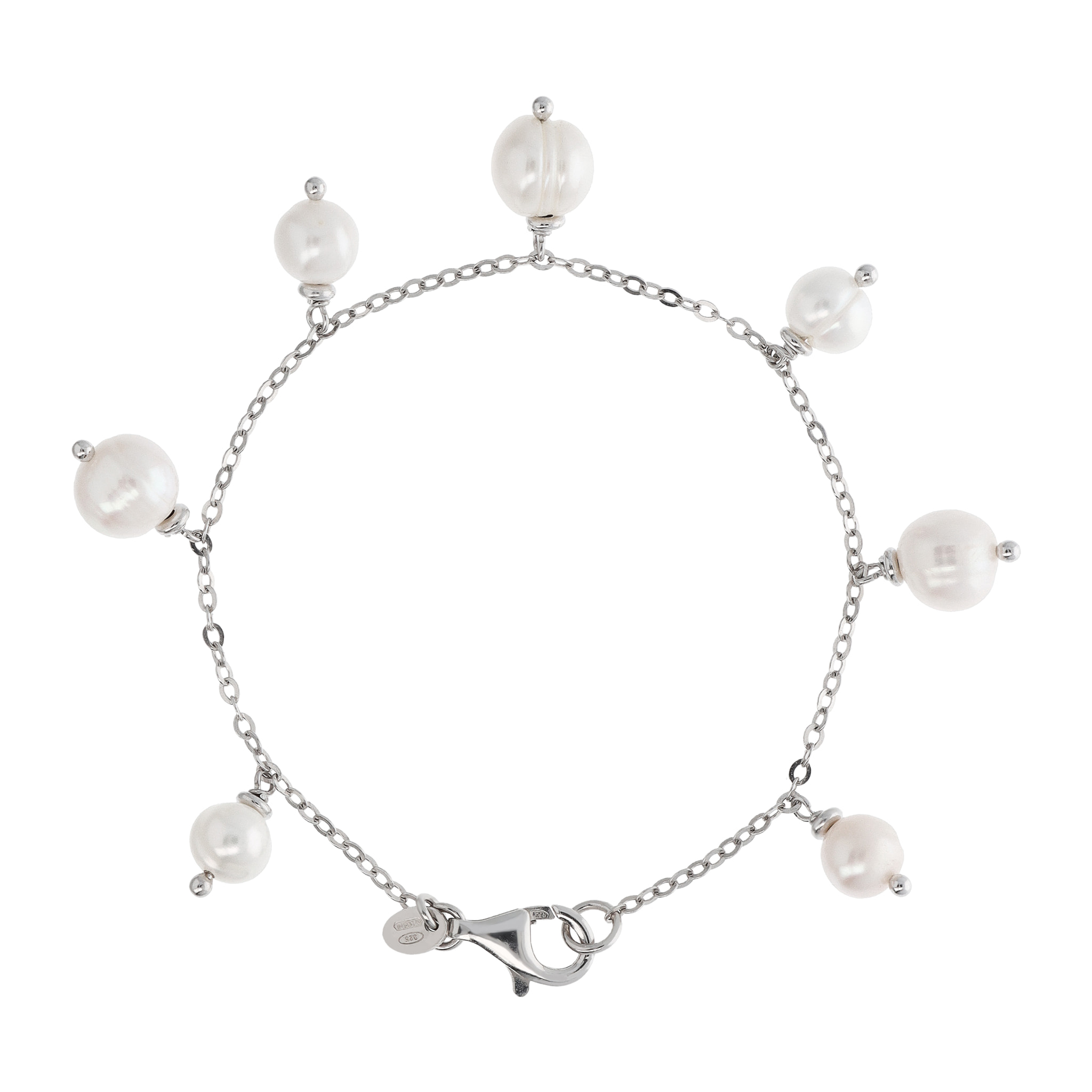 PERLAVIVA - Bracciale Catena Rolo in Argento 925 con Charms in Perle d'Acqua Dolce Bianche Ø 7-9 mm