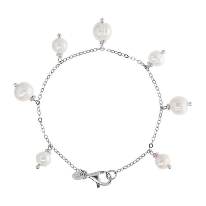PERLAVIVA - Bracciale Catena Rolo in Argento 925 con Charms in Perle d'Acqua Dolce Bianche Ø 7-9 mm