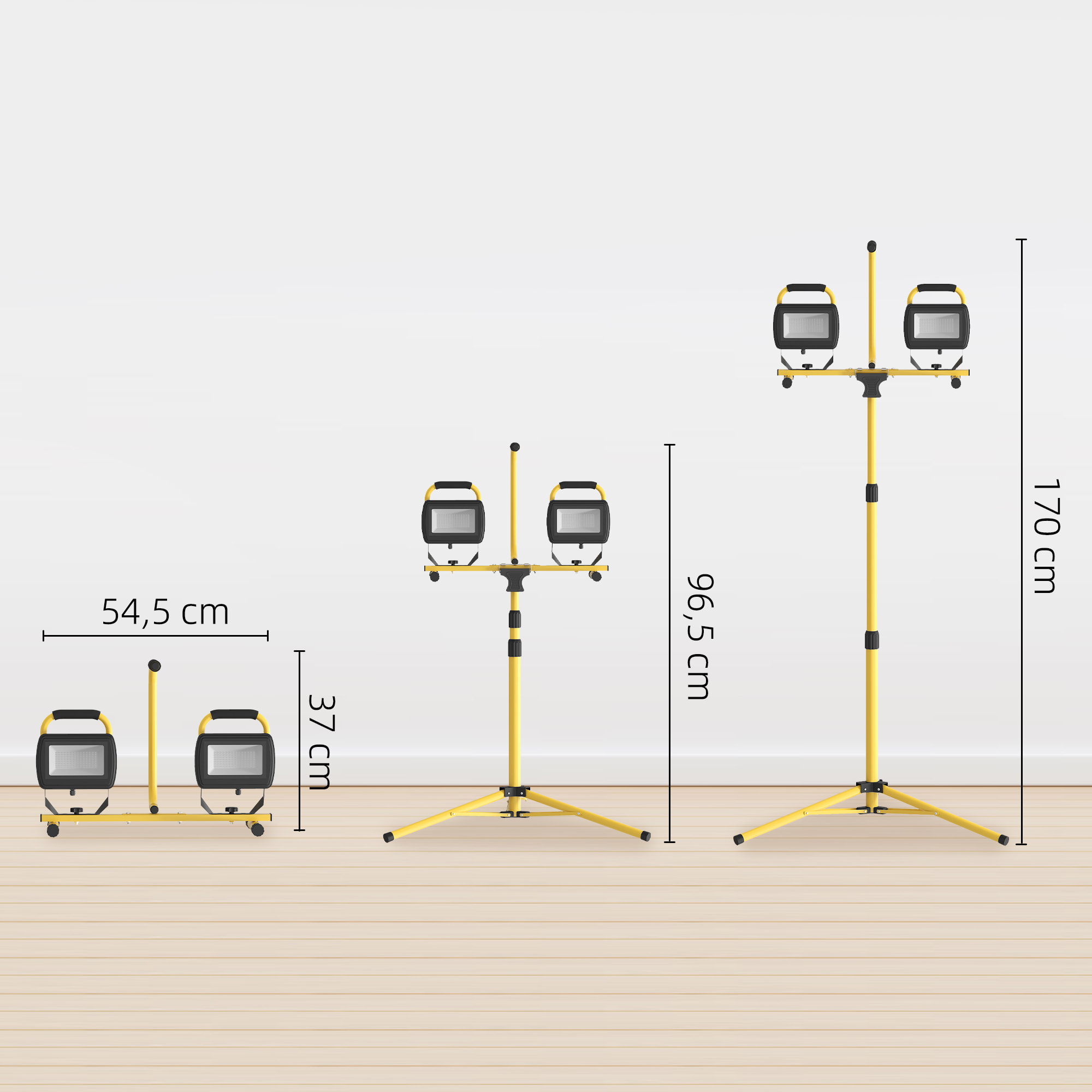 Foco LED Doble Recargable de Aluminio con Trípode Plegable 8500 Lúmenes IP65 6500K y Cabezas Ajustables para Trabajo Interior y Exterior Amarillo y Negro