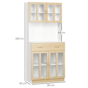 Buffet haut multi-rangement 4 portes vitrine verre avec étagère tiroir coulissant grand plateau panneaux particules blanc aspect chêne clair