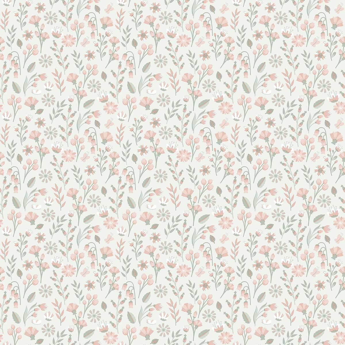 Papier peint floral champêtre rose poudré