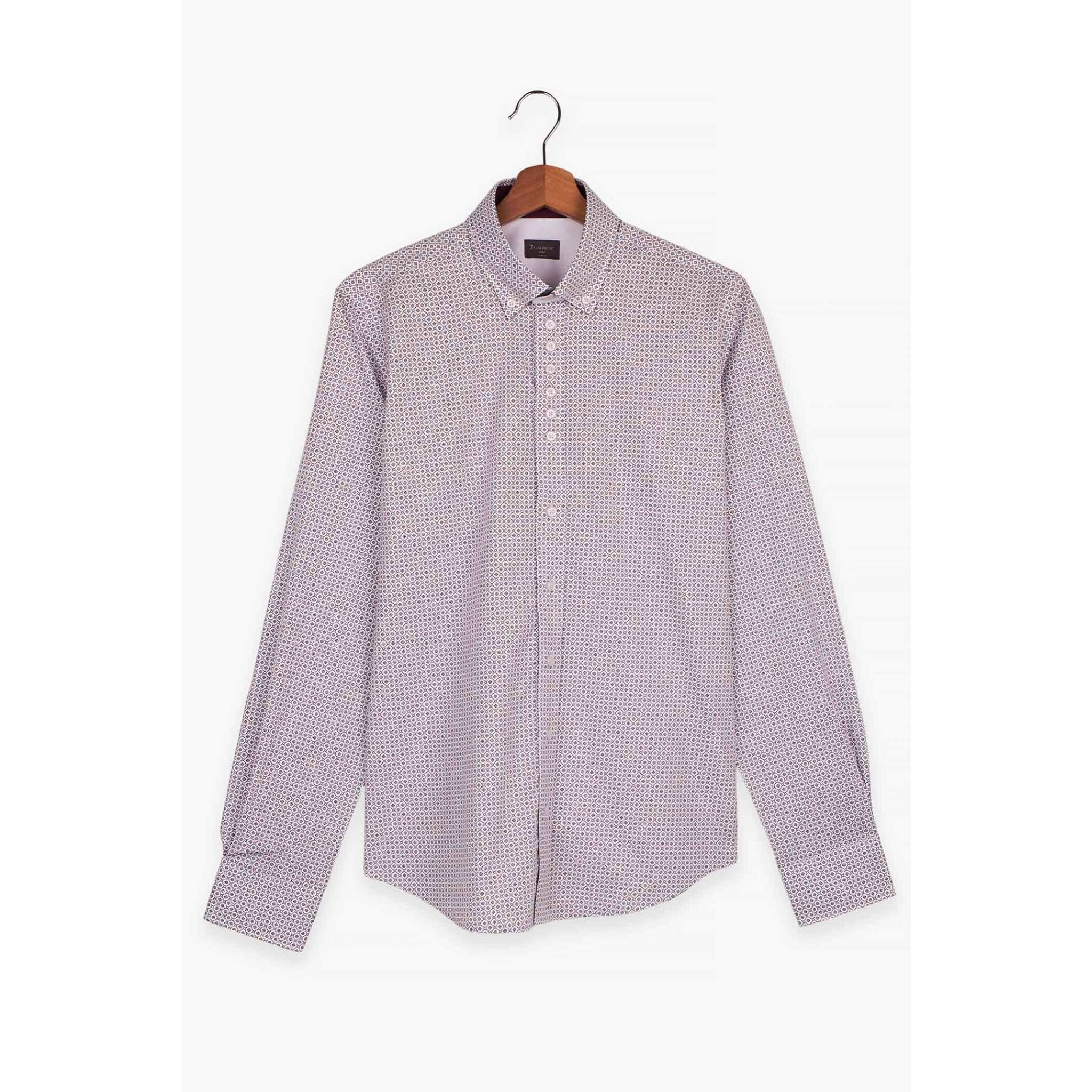Camicia Uomo 1 Bottoni Button Down Slim Popeline Stampato Bianco e Verde Militare