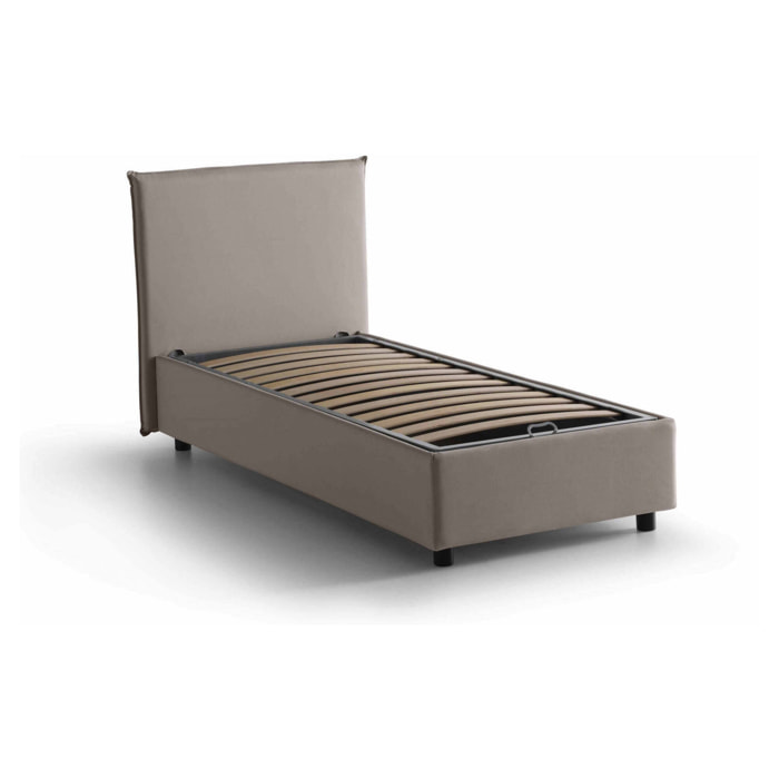 Letto singolo Argentino, Letto contenitore con rivestimento in tessuto, 100% Made in Italy, Apertura frontale, adatto per materasso Cm 80x190, Tortora