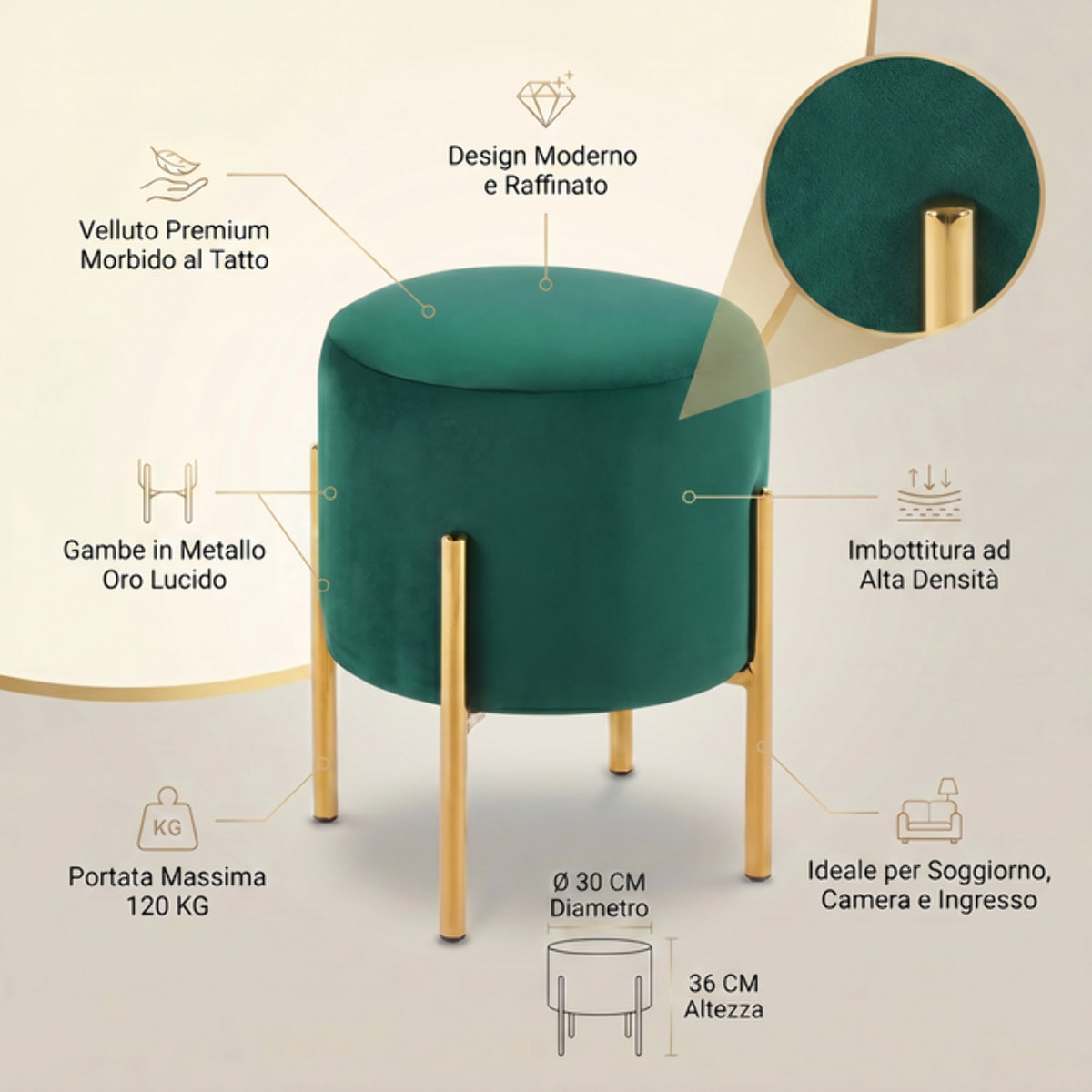 Pouf Tondo in Velluto con Gambe in Acciaio Dorate, Seduta Imbottita Elegante dallo Stile Contemporaneo per Soggiorno, Camera da Letto e Ingresso