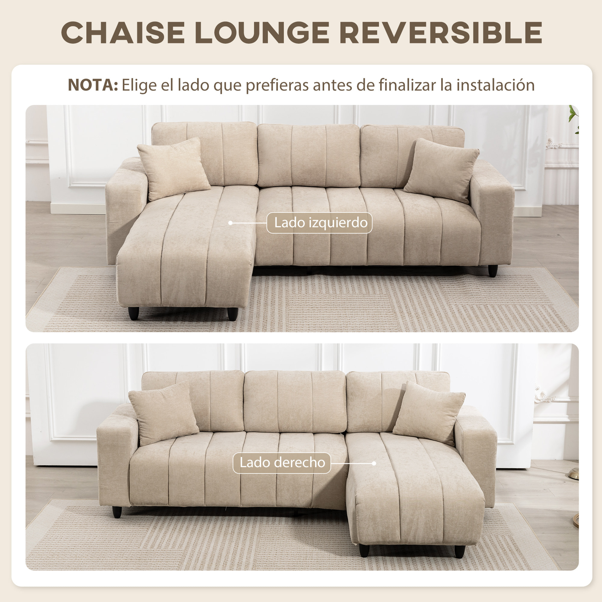 Sofá Chaise Longue Reversible, Sofá Esquinero en Forma de L de 3 Plazas, 2 Almohadas, Tapizado en Lino, Marco de Acero, para Salón, 242x156x87 cm, Beige