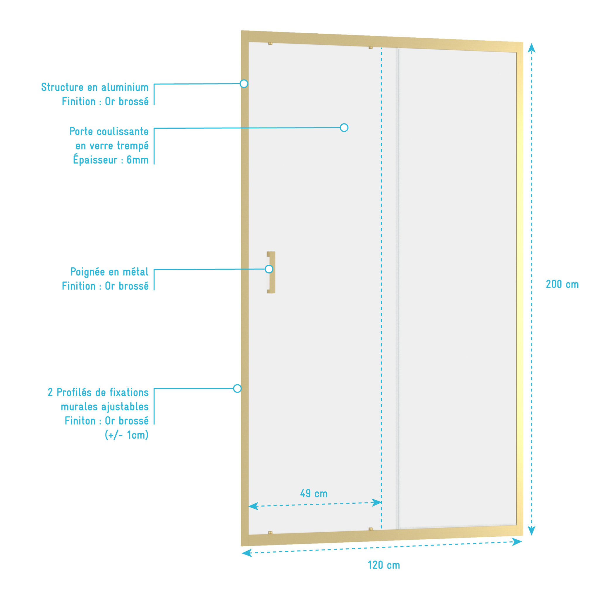 Porte de douche Coulissante 120x200cm - Profilés Or Doré Brossé - Verre Trempé 6mm - GOLDY CRUSH