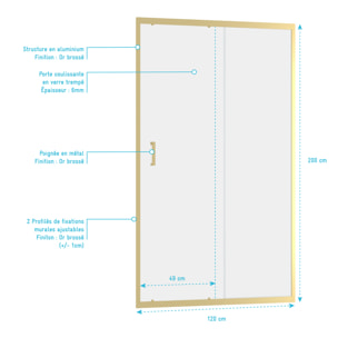 Porte de douche Coulissante 120x200cm - Profilés Or Doré Brossé - Verre Trempé 6mm - GOLDY CRUSH
