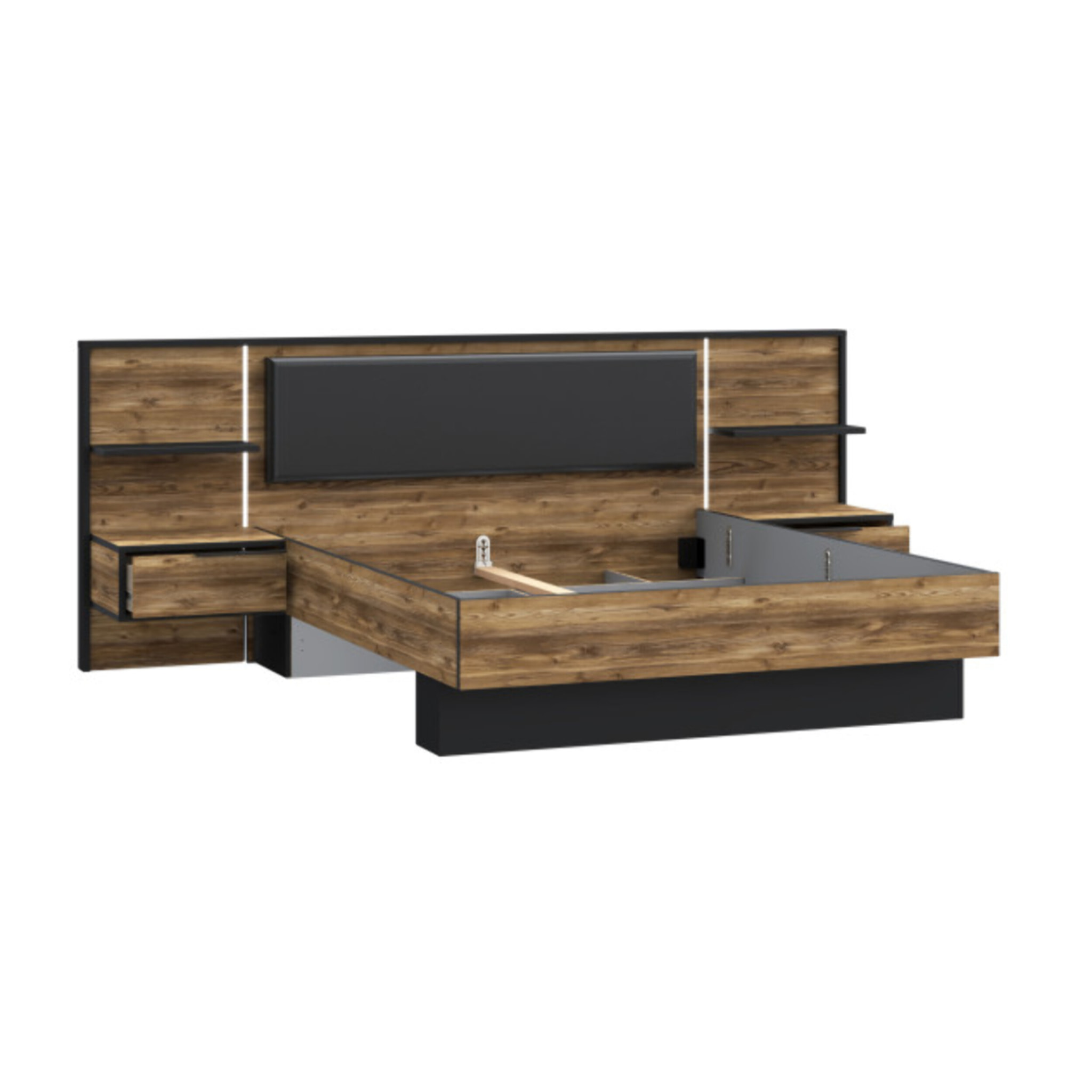 Lit 160x200 cm tête de lit et chevet décor épicéa et noir - YAL