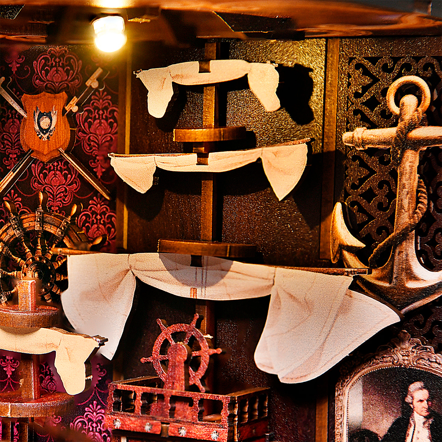 Memoria de navegación. Book Nook de madera, diseño 3D realista con gran detalle, cubierta y luces led.