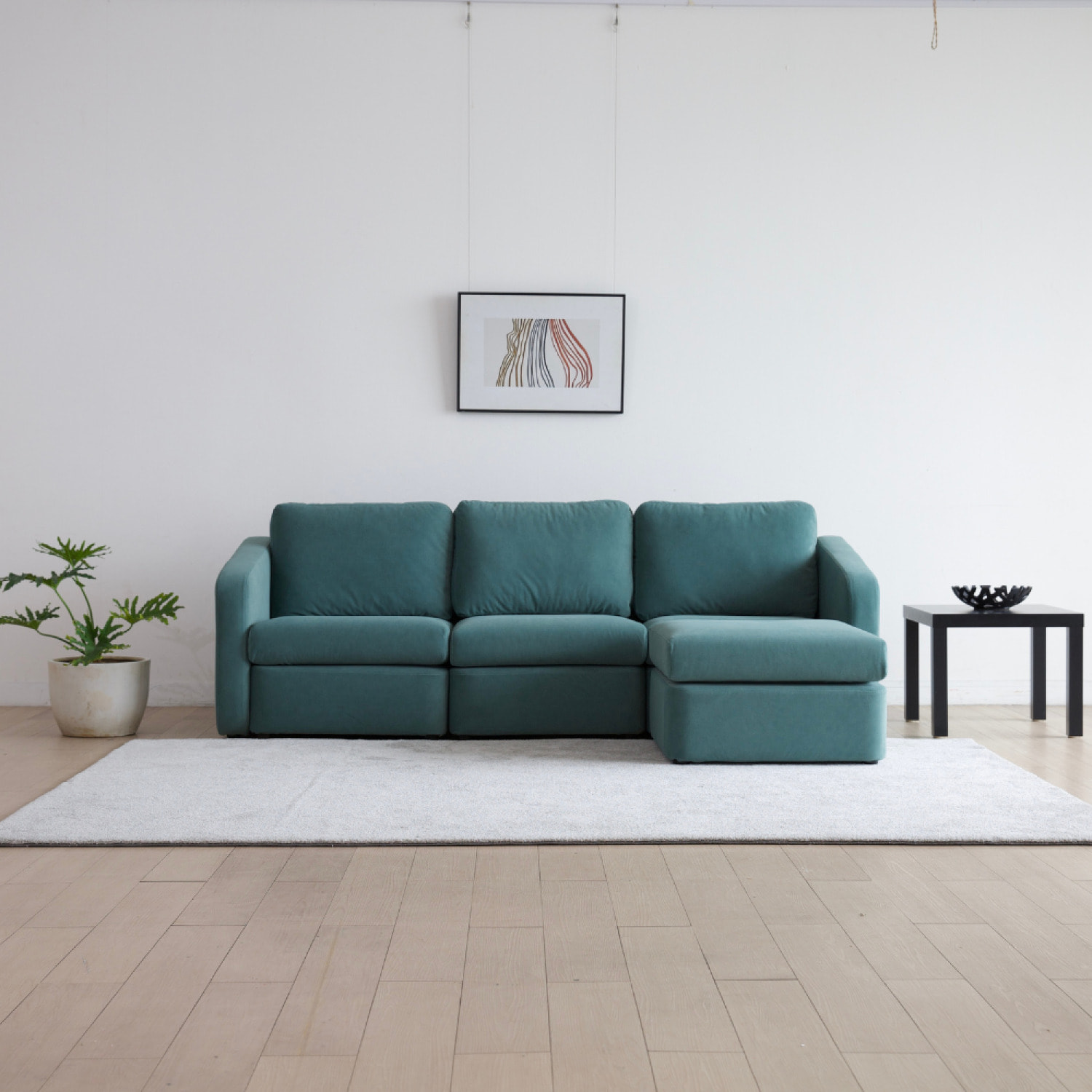 GALEGO Canapé modulable 3 places bleu avec pouf