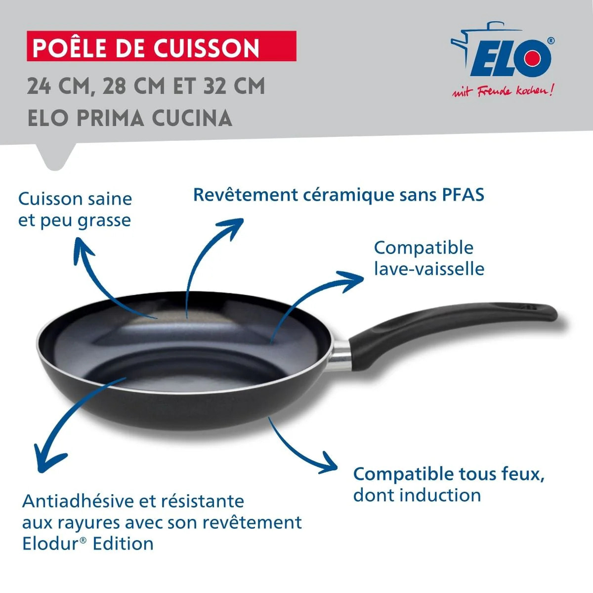 Set de 3 Poêles 24, 28 et 32 cm céramique sans PFAS et 3 couvercles en verre Elo Prima Cucina