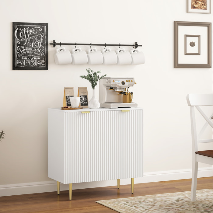 Buffet 2 portes étagère design effet cannelé piètement poignées métal doré blanc