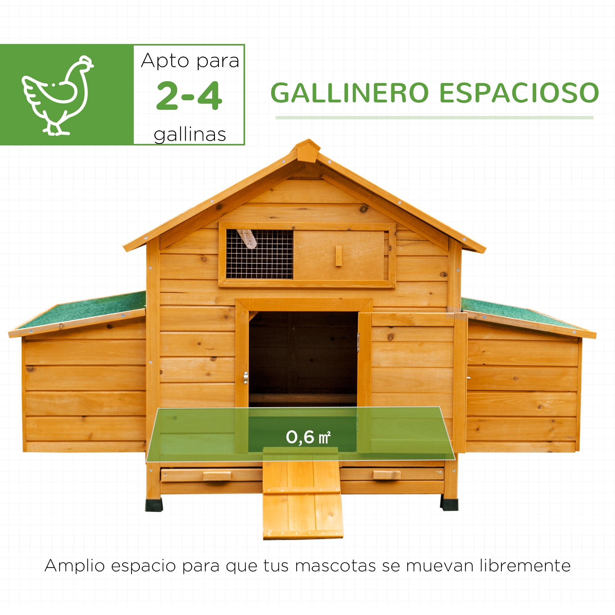Conjunto de 1 Gallinero de Madera con 2 Nidos Bandeja Extraíble 150x100x96,5 cm y 1 Gallinero para Exterior Grande de Acero Galvanizado 3x8x2 m