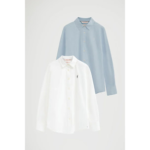 Pack mujer de dos camisas en blanco y azul claro con corte slim y bordado Rigby Go