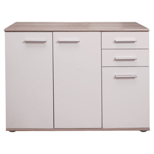 Credenza alta moderna di design a 3 ante e 3 cassetti, Buffet da cucina, Madia con scaffali e ripiani, cm 103x35h70, colore Bianco e Rovere