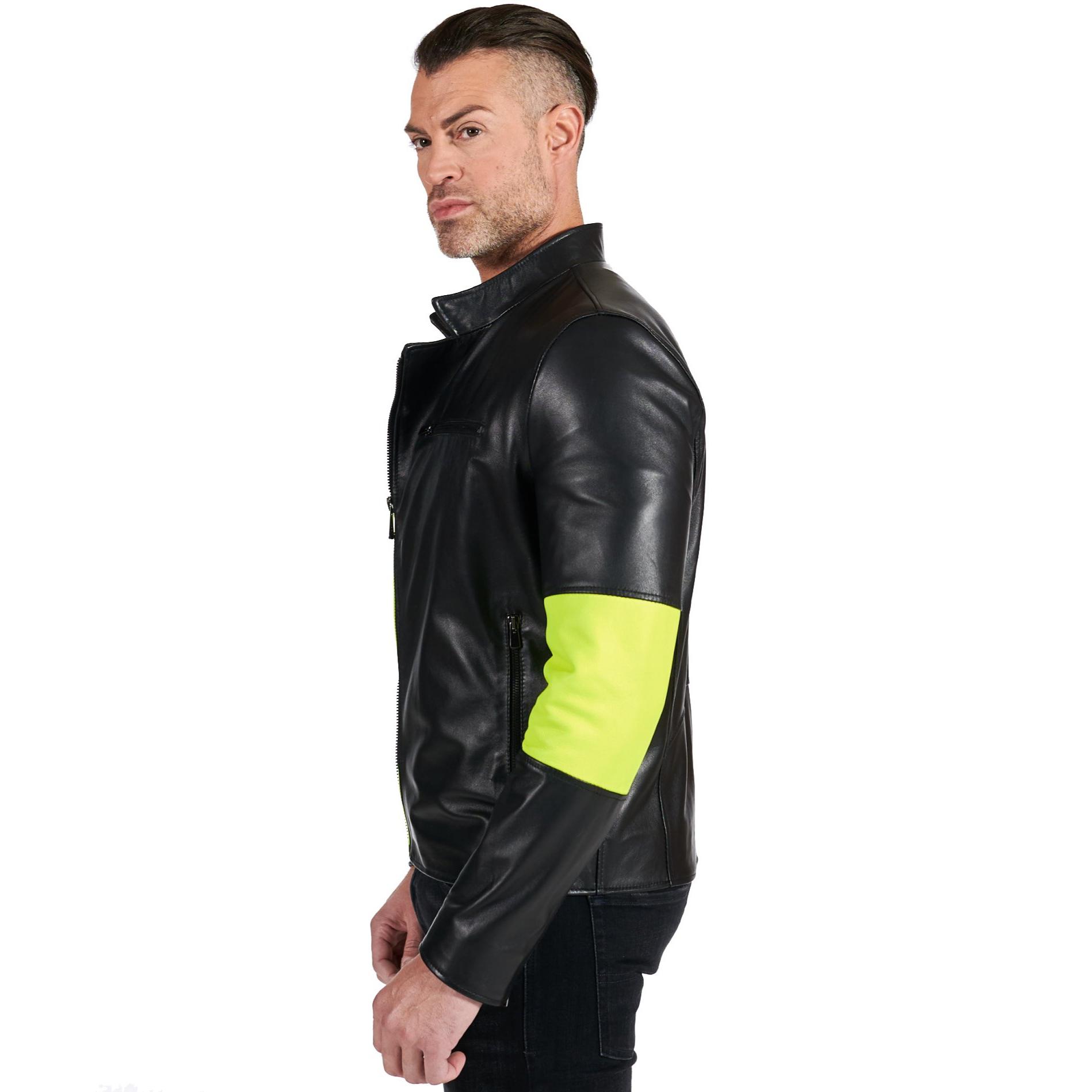 Giacca biker in pelle nera e inserti in pelle fluo effetto liscio