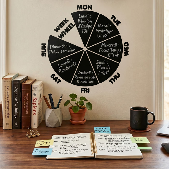 Sticker ardoise tableau noir - stickers muraux adhésif effaçable - CALENDRIER ROUE HEBDOMADAIRE