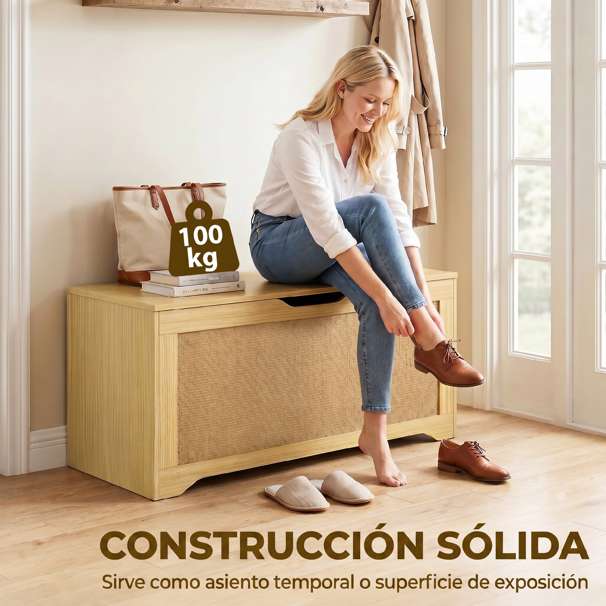 Baúl de Almacenaje 108L, Banco de Almacenaje con Panel de Ratán, Tapa Elevable, Brazos de Soporte, Diseño Sin Tiradores, para Recibidor, Pasillo, Dormitorio, Salón, 80x40x45 cm, Roble