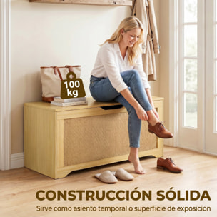 Baúl de Almacenaje 108L, Banco de Almacenaje con Panel de Ratán, Tapa Elevable, Brazos de Soporte, Diseño Sin Tiradores, para Recibidor, Pasillo, Dormitorio, Salón, 80x40x45 cm, Roble