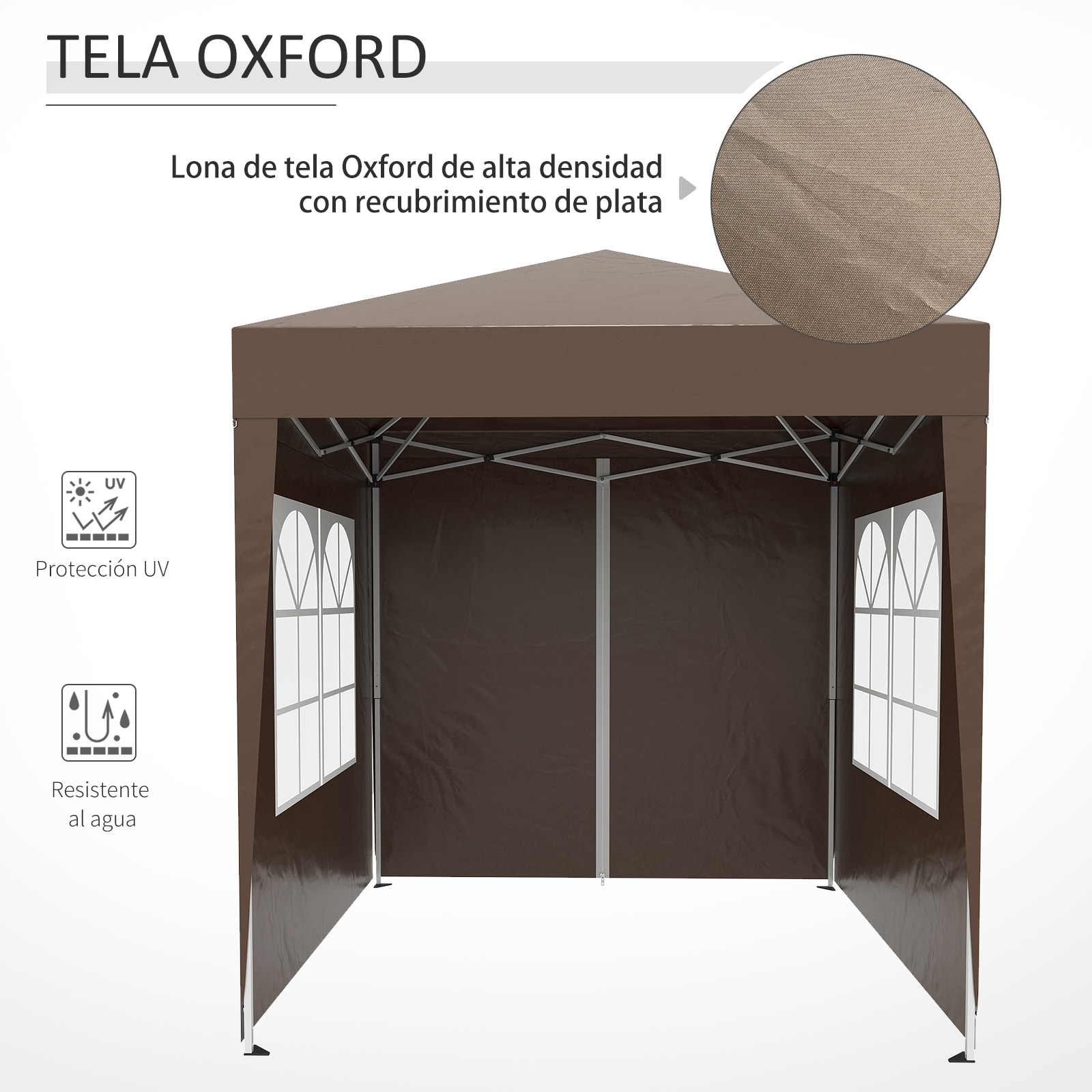 Carpa Plegable Gazebo 2x2 m Cenador de Jardín con 4 Paredes Laterales Tela Oxford 2 Puertas 2 Ventanas y Bolsa de Transporte para Exterior Terraza Camping Fiestas Marrón