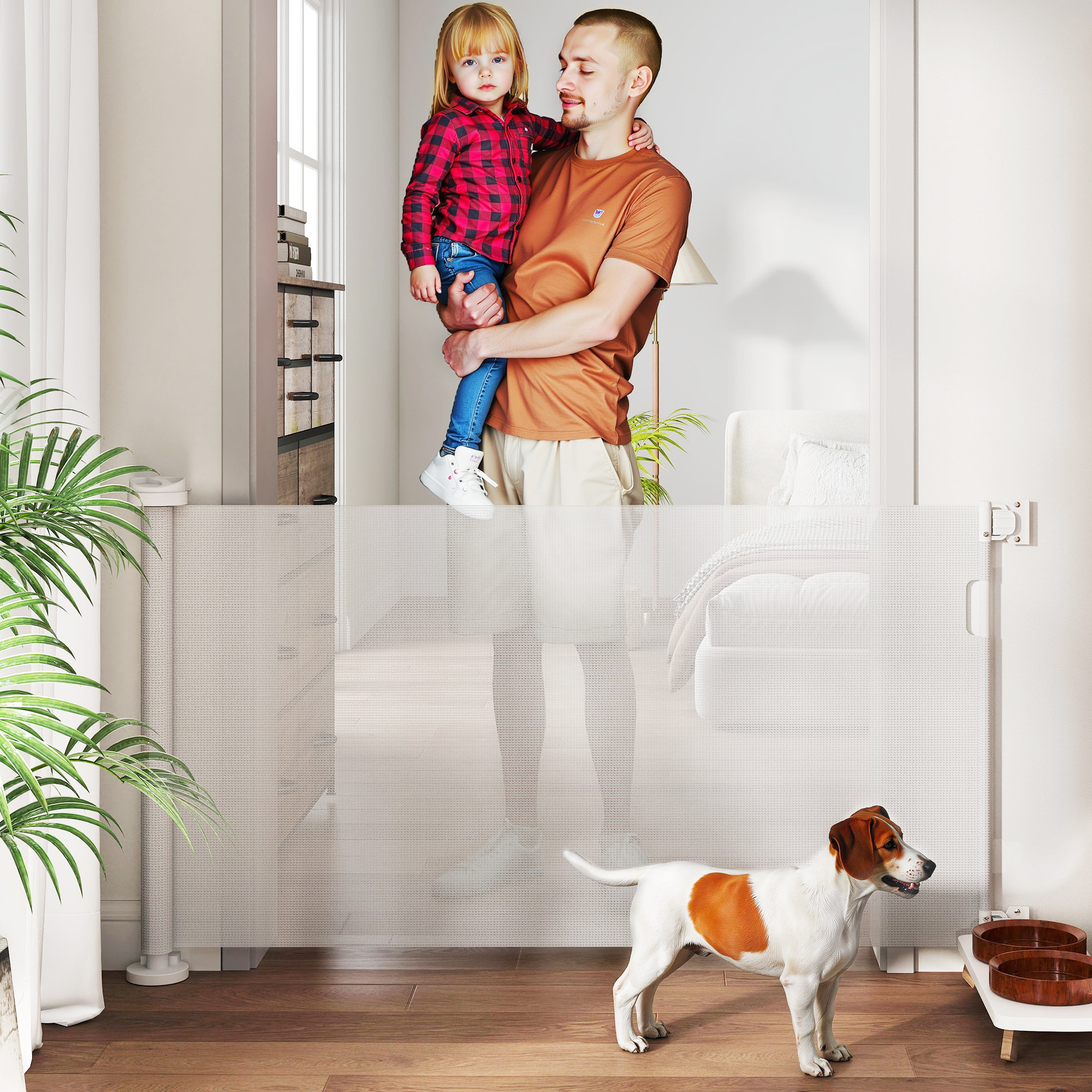 Barrera de Seguridad para Perros Retráctil 0-136 cm Puerta para Perros Pequeños Extensible con Interruptor de Cierre Red de Seguridad para Pasillos Escaleras Interiores y Exteriores